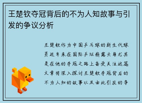 王楚钦夺冠背后的不为人知故事与引发的争议分析