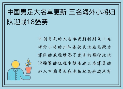 中国男足大名单更新 三名海外小将归队迎战18强赛