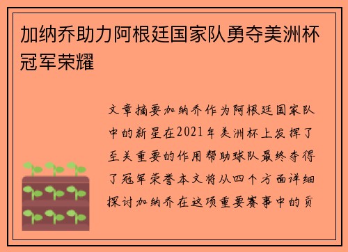 加纳乔助力阿根廷国家队勇夺美洲杯冠军荣耀