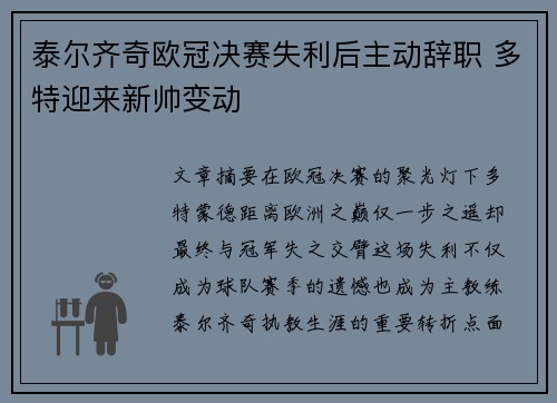 泰尔齐奇欧冠决赛失利后主动辞职 多特迎来新帅变动