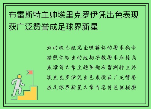布雷斯特主帅埃里克罗伊凭出色表现获广泛赞誉成足球界新星